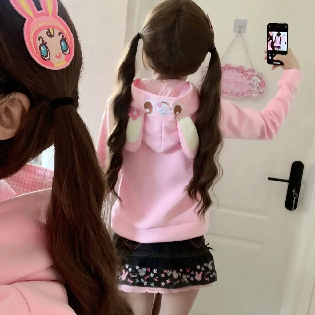 Harajuku Sweet Long Sleeve Hoodie Women Casual Cartoon Print Japan Style Kawaii Hooded Sweatershirt Bodycone All Season