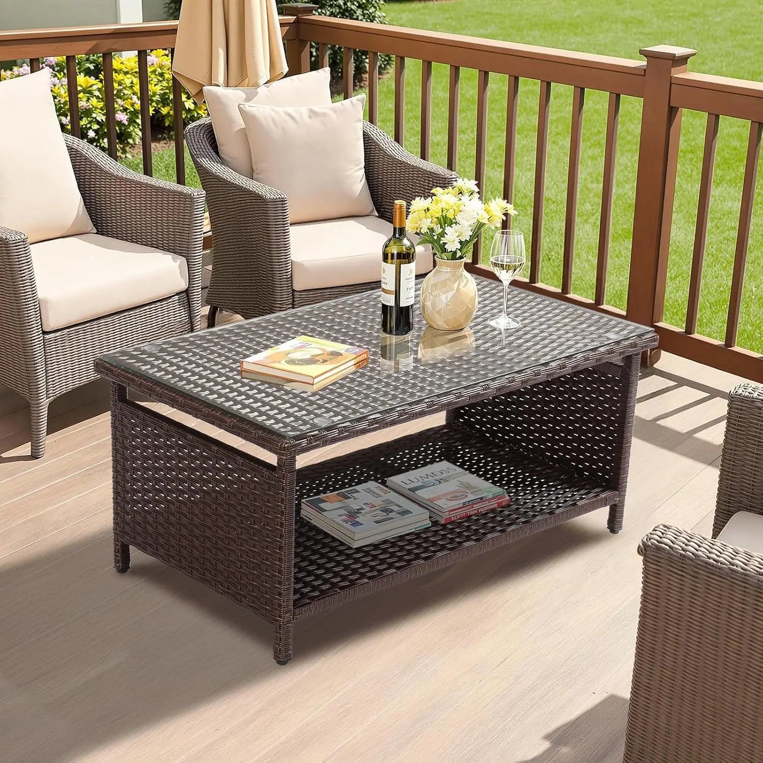 Outdoor Wicker CoffeeTable Patio Coffee Tables for Outside, Tempered Glass Top Wicker Table with Storage Coffee Table for Patio