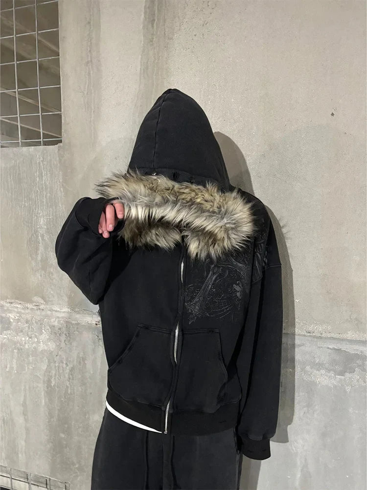 Autumn/Winter Y2k Women Aesthetic Harajuku Faux Fur Collar Hoodies Clothes Graphic Hip Hop Punk Gothic Zip Up Hoodies 2026 new