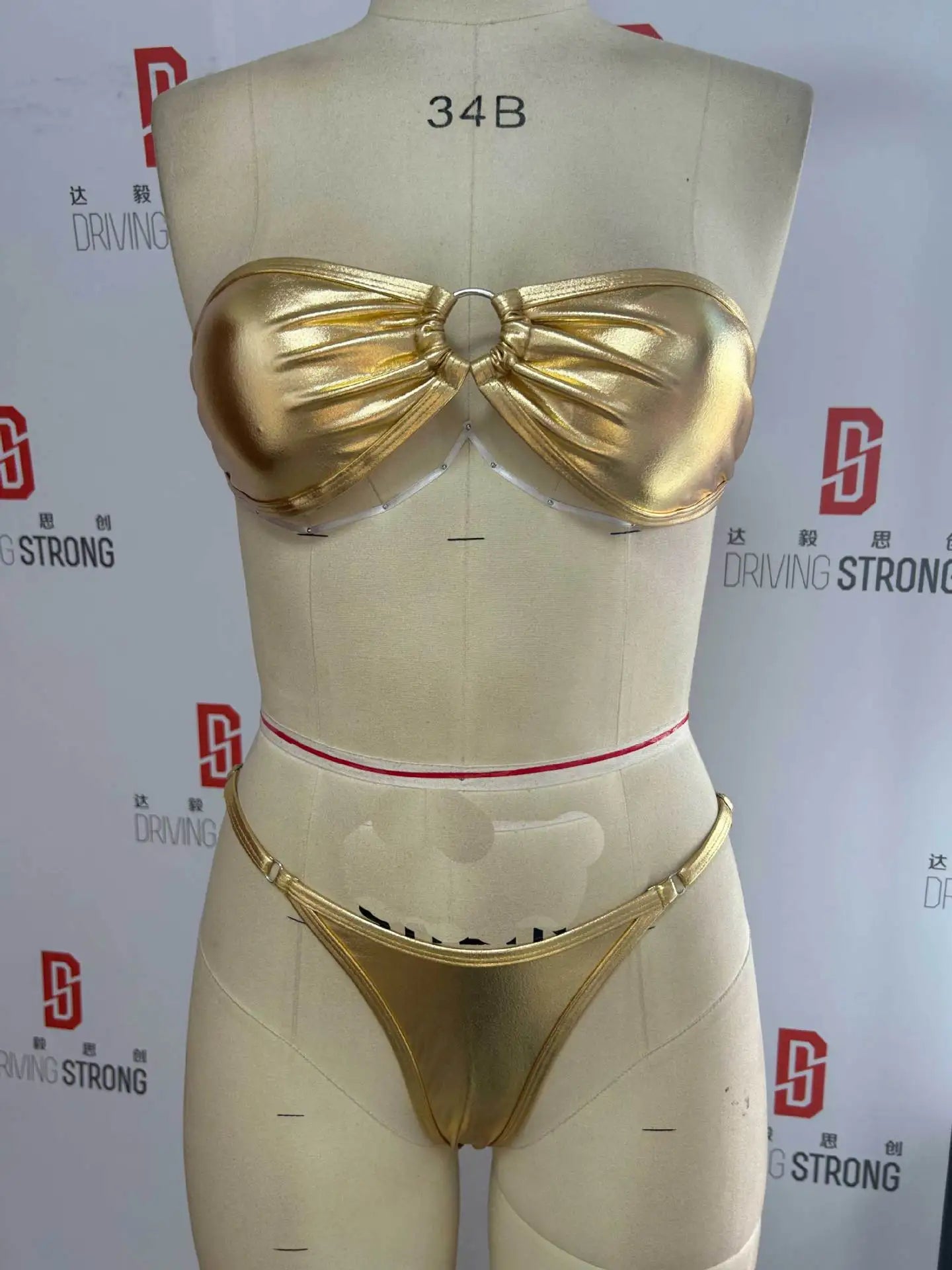 Sexy Bandeau Bikini 2025 Women Gold Black Metal Ring Linked Hollow Out Push Up Micro Swimsuit Shiny Bathing Suit Thong Swimwear