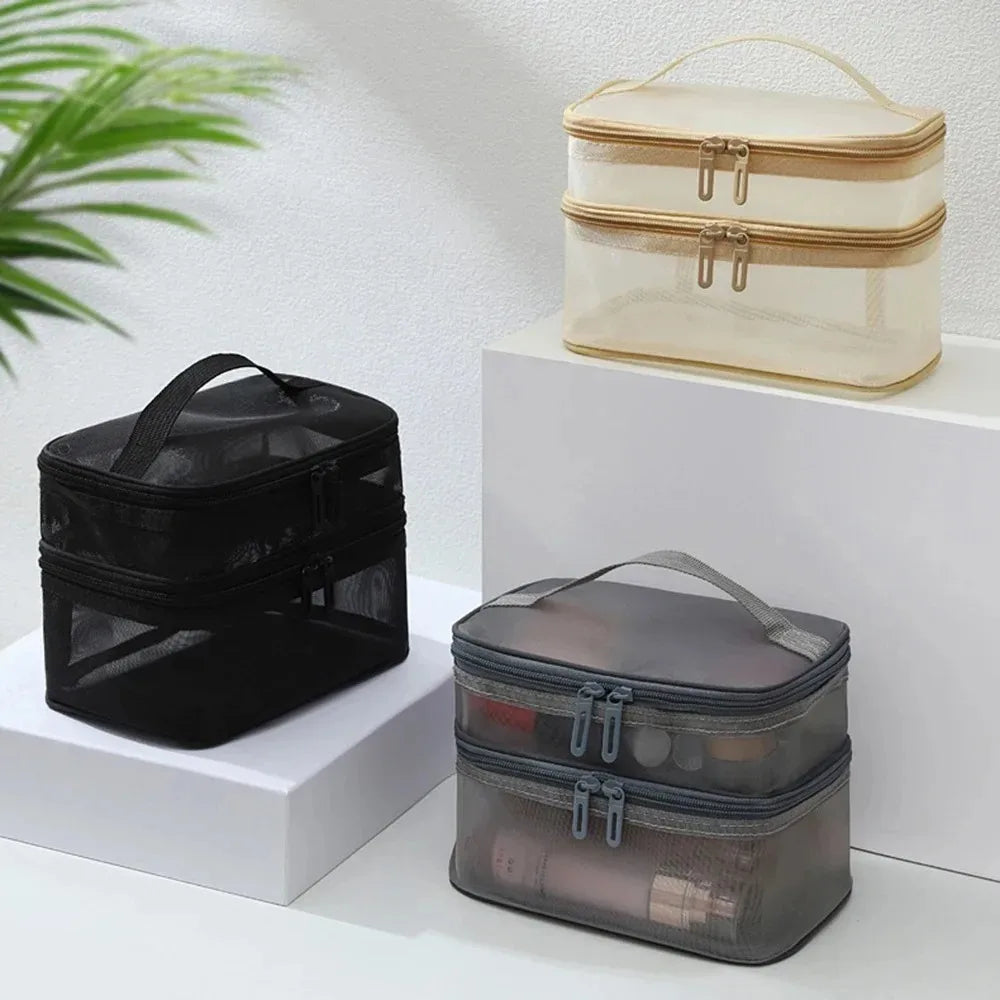 Double Layer Mesh Makeup Bag, Wash Bag, Women's Portable New Large Capacity Storage Bag, Cosmetics Storage Bag