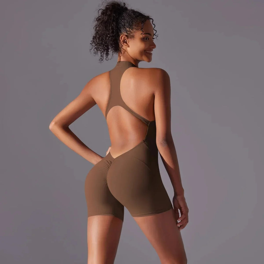 Solid color high-intensity nude tight fitting sports back jumpsuit yoga suit tight fitting running fitness suit