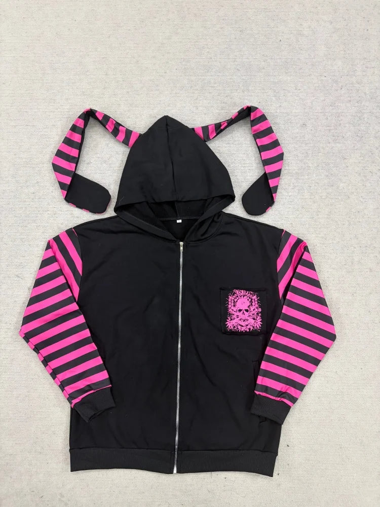 2026 Dark Pink Black Punk Skeleton Printed Striped Sleeve Hoodie Street Style Women's Zipper cardigan Wholesale