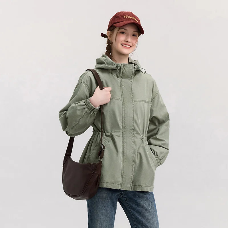 Semir Denim Jacket Women Mid-Length Loose Hooded 2025 New Spring Waist-Cinching Coat Retro Design for Fashion Outfits