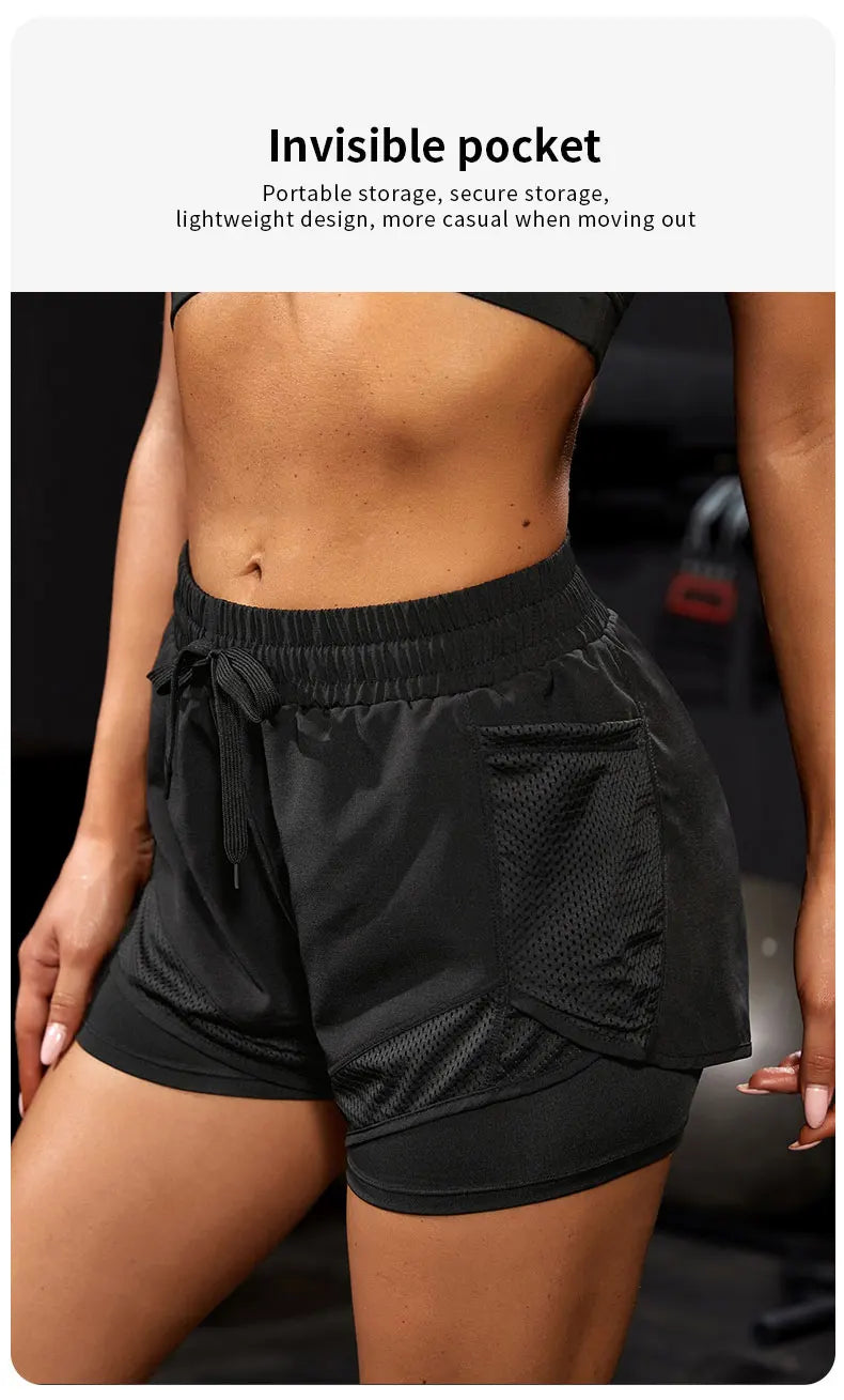 Women's Elastic Sports Shorts, Shorts With Pockets, Fake Two-Piece Yoga Leggings Running And Training