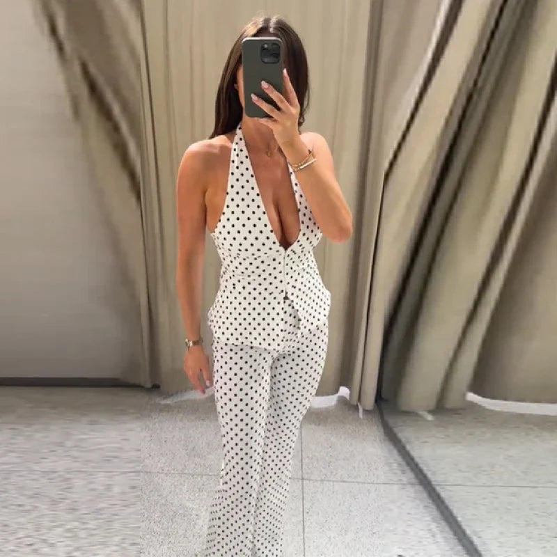 Retro Modern Polka Dot Set Halter Deep V Neck Vest Top Flared Pants Women Party Timeless Chic Female Classic Stylish Outfits