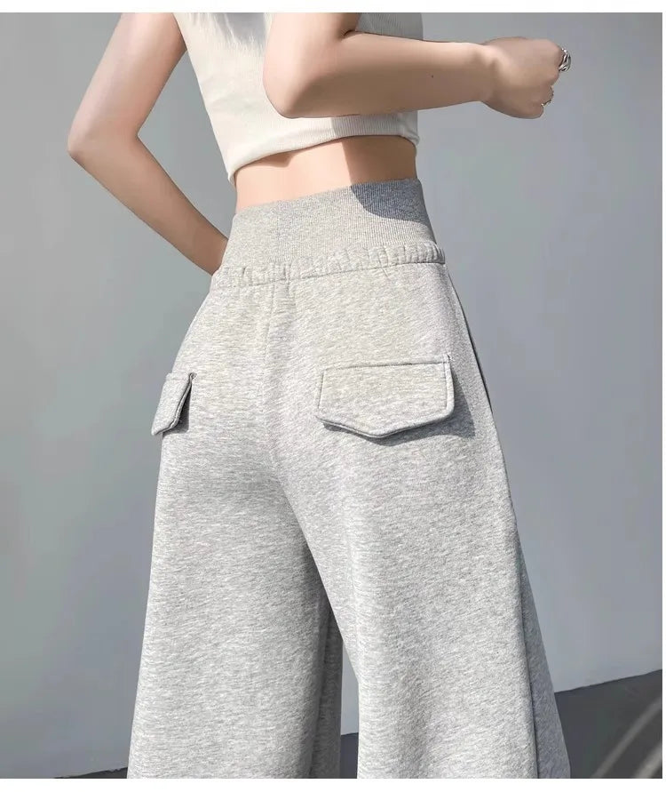 Women's gray sports high waist hanging loose slimming straight leg wide leg pants American sweatpants.