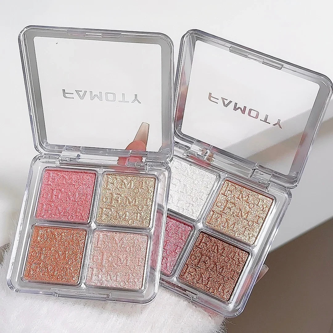 4-Color Face Highlighter Palette, Pearly Glitter Shimmer Smooth Baked Powder, Lasting Sparkling Highlighter Makeup
