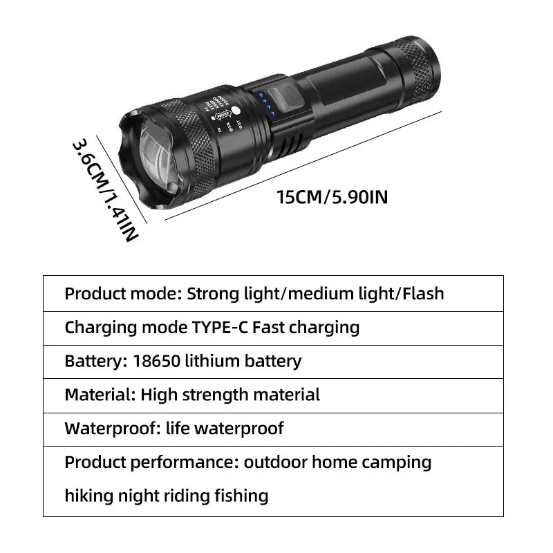 Super Bright Flashlight USB Rechargeable LED Long Range Tactical Torch Outdoor Waterproof Emergency Camping Fishing Lantern