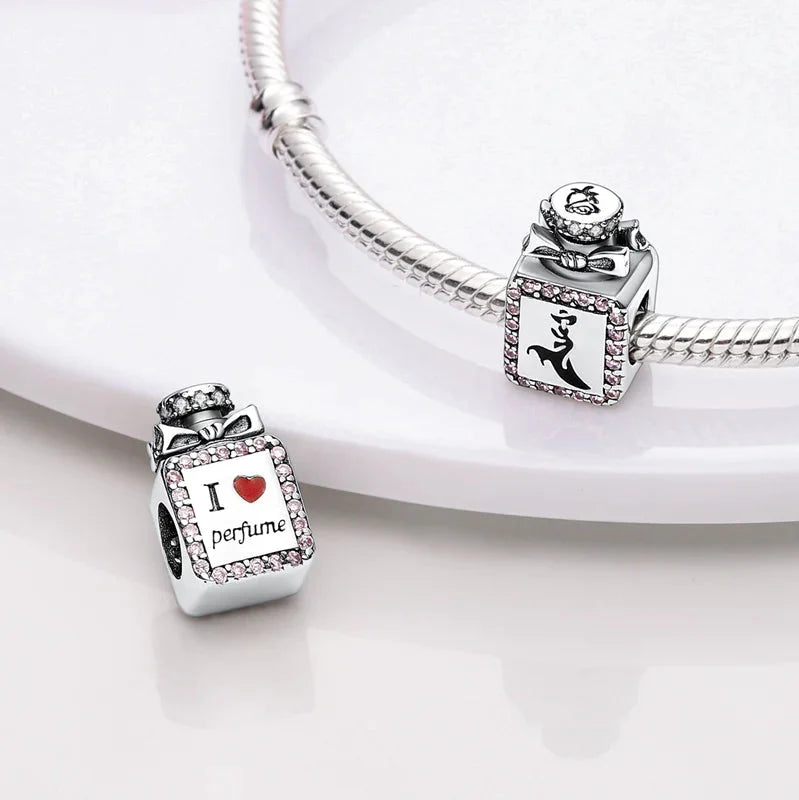 Romantic Pink Crown Perfume Bottle Charms Beads Bracelets Fine Jewelry