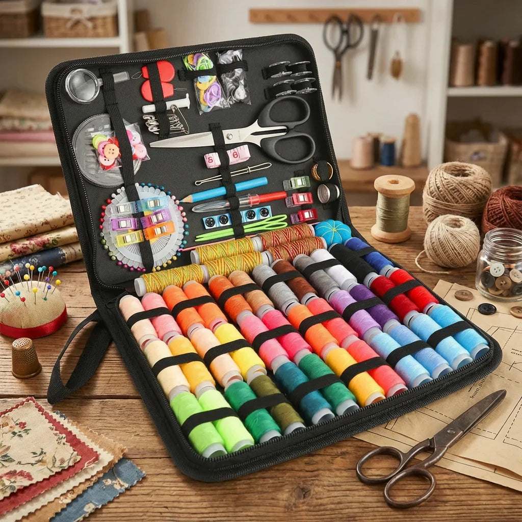 Portable Home Sewing Kit Complete Set With Threads Needles Scissors