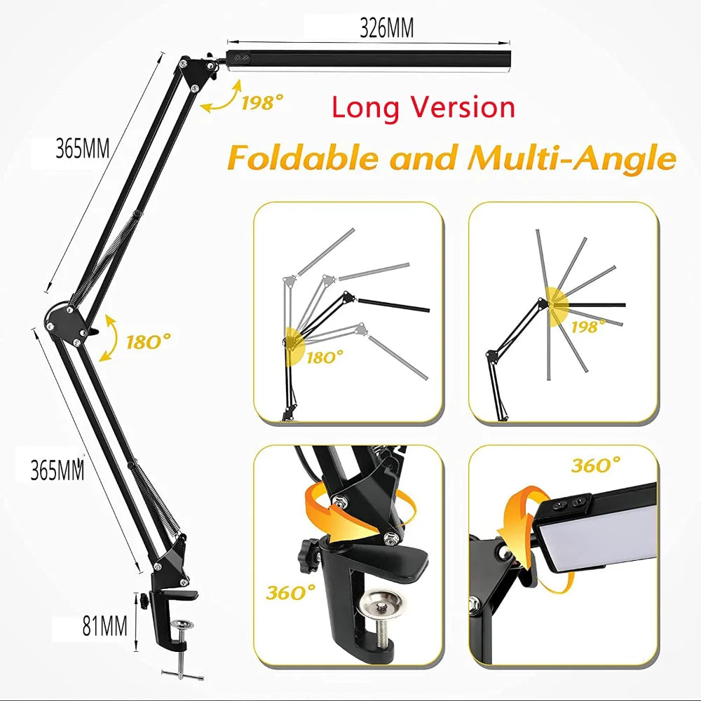 10W LED Desk Lamp with Clamp Swing Arm Eye-Caring Dimmable Desk Light 10 Brightness Levels 3 Modes USB Charging