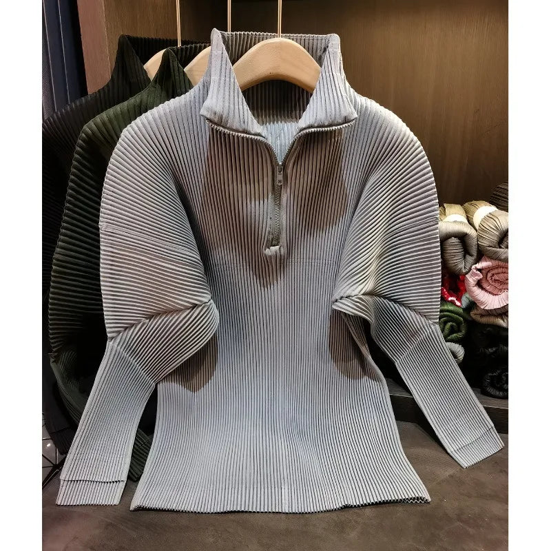 Miyake Pleated Sweatshirt Pit Stripe Zipper Standing Collar Jacket Women 2025 New Casual Pullover Hundred Pleat Skinny Tops