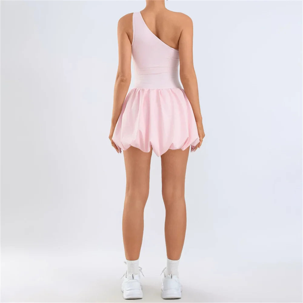 Pad Womens One Shoulder Strap Yoga Set Tennis Dress Built-in Bra Anti Shorts Athletic Golf Workout Dress Skorts  XP168