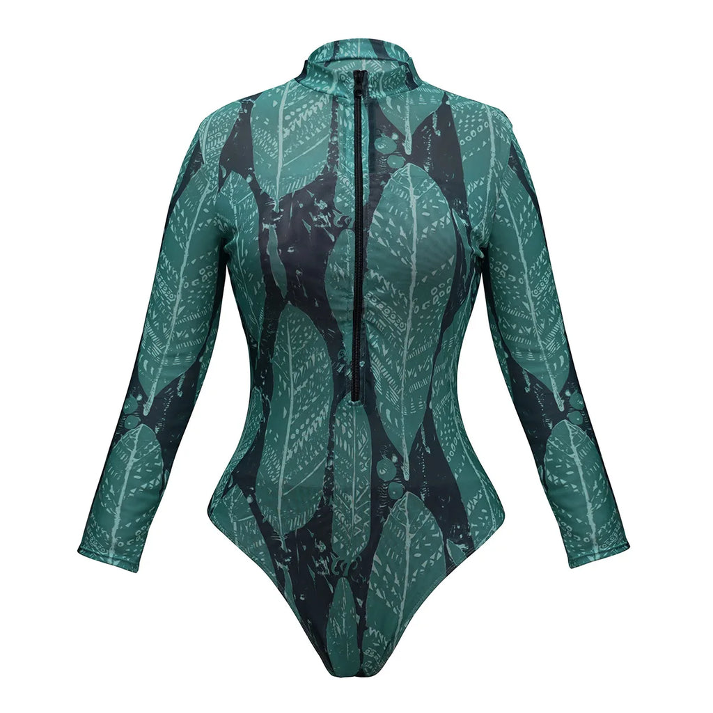 UPF35 Long Sleeved Sunscreen Swimsuit Long Pants Set Women Black Geometry Print Zipper Slim Fit Swimwear Bodysuit Beachwear 2025