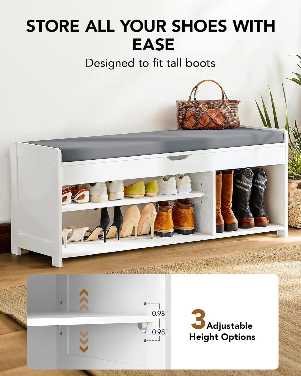 Shoe Storage Bench With Cushioned Seat And Lift Top