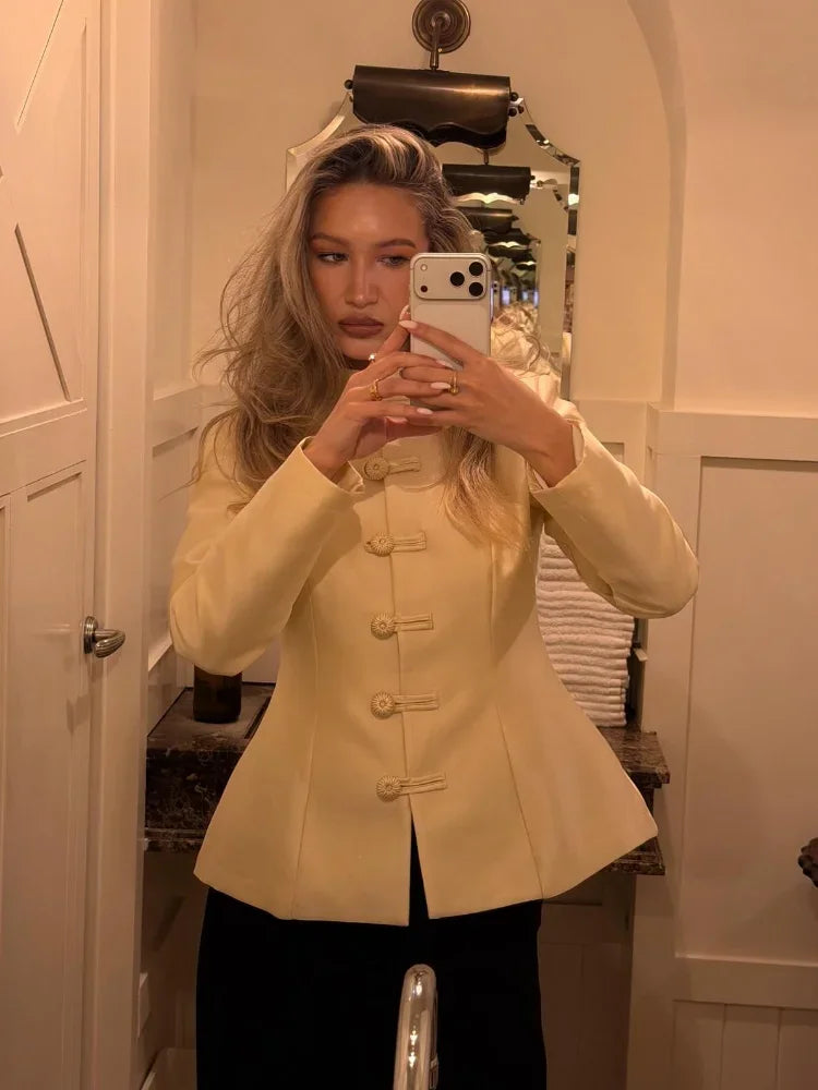 Elegant White Chinese Buttoned Jacket Women Full Sleeve Waist Cinching Single Breasted Short Coats 2026 Lady Daily Outwear