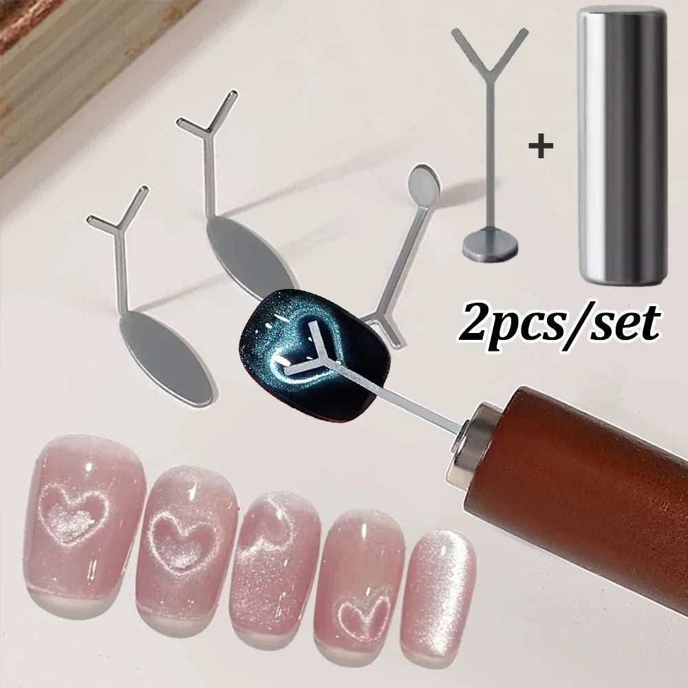 2pcs Love-shaped Nail Art Magnet Set Y-shape Iron Wire Cat Eye Magnetic Stick Strong Heart Pattern Magnetic Gel Polish Nail Tool