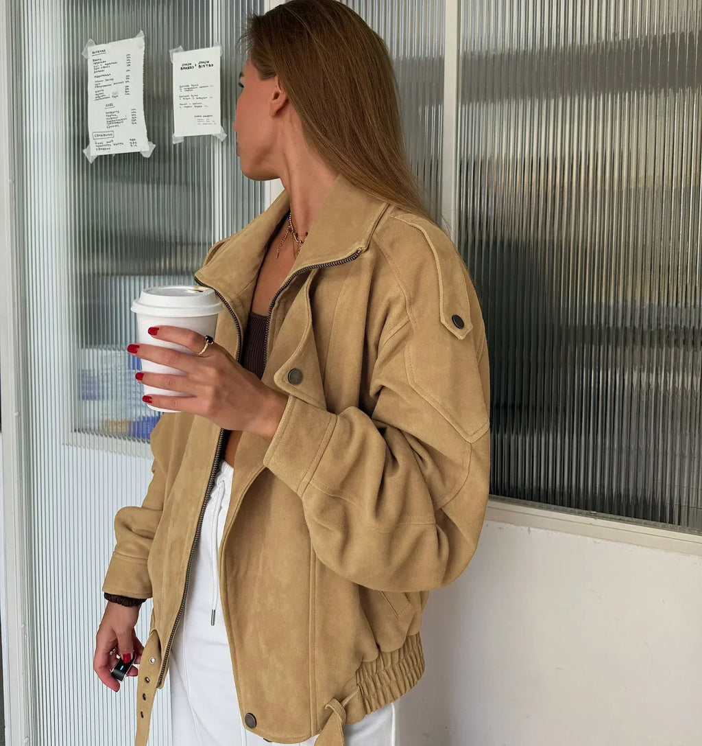 Khaki Lapel Short Suede Jacket Women Casual Stand Collar Full Sleeve Zipper Pocket Loose Jackets 2026 Lady Commute Street Coats