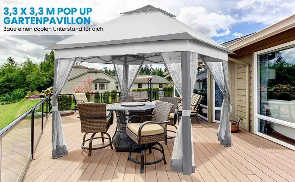 3.3x3.3m Pop-Up Folding Gazebo - Waterproof Garden Tent with Mosquito Netting