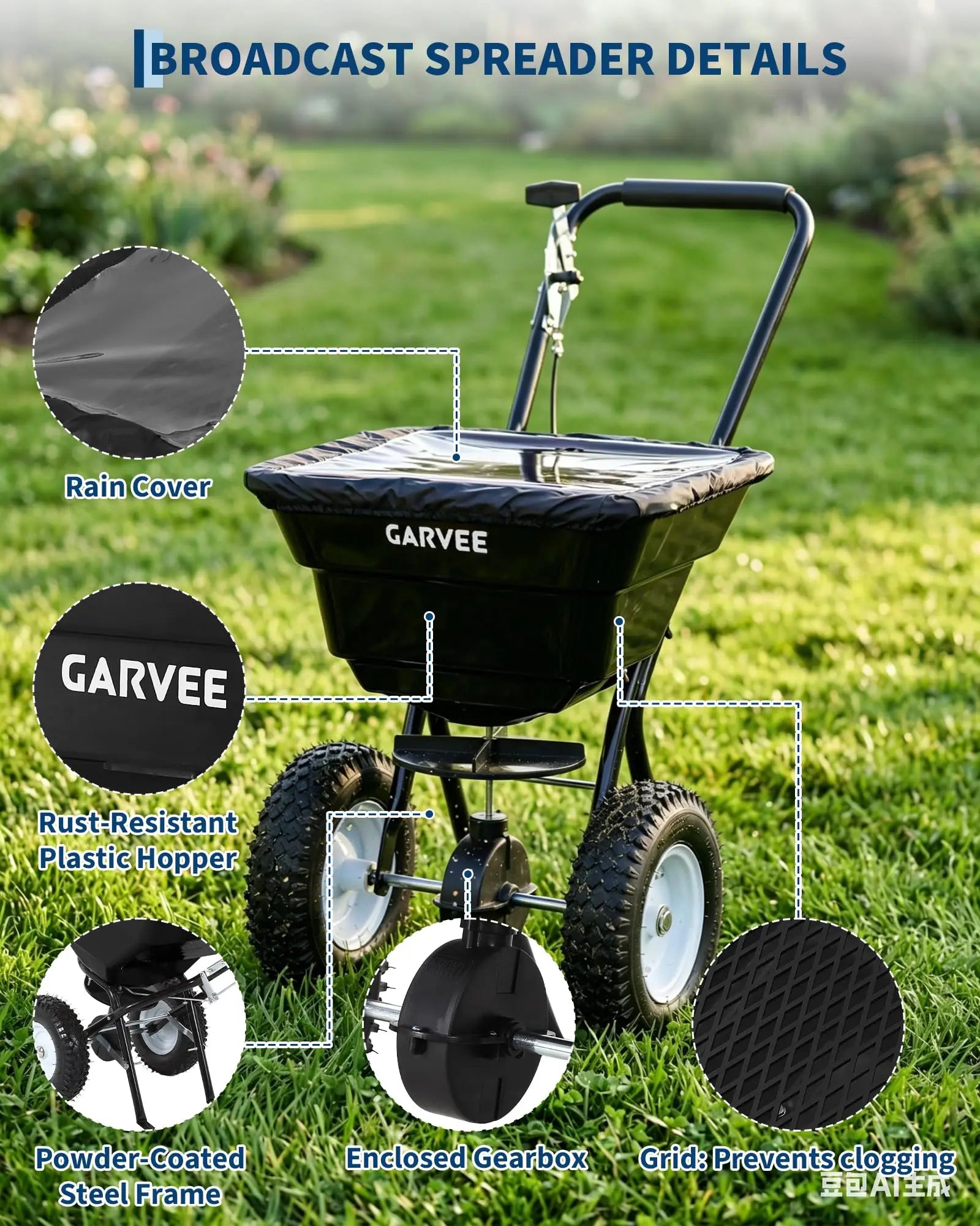 HiMISS Heavy Duty 80Lb Lawn Spreader Walk Behind Broadcast Spreader