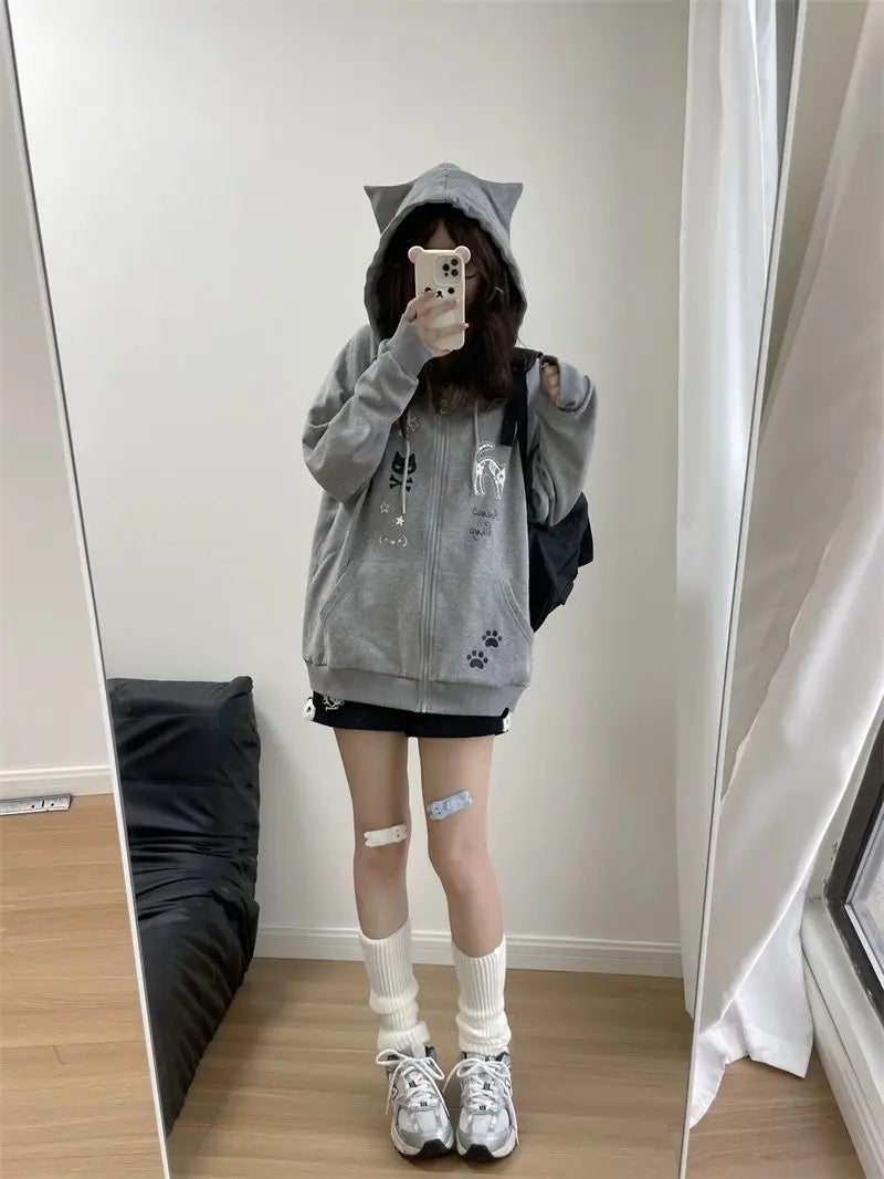 Zipper Hoodie Gothic Cartoon Kawaii Cat Ear Y2k Jacket Zip Up Thin Coat Spring Autumn Cute Core 2000s Clothes Fall Sweatshirts