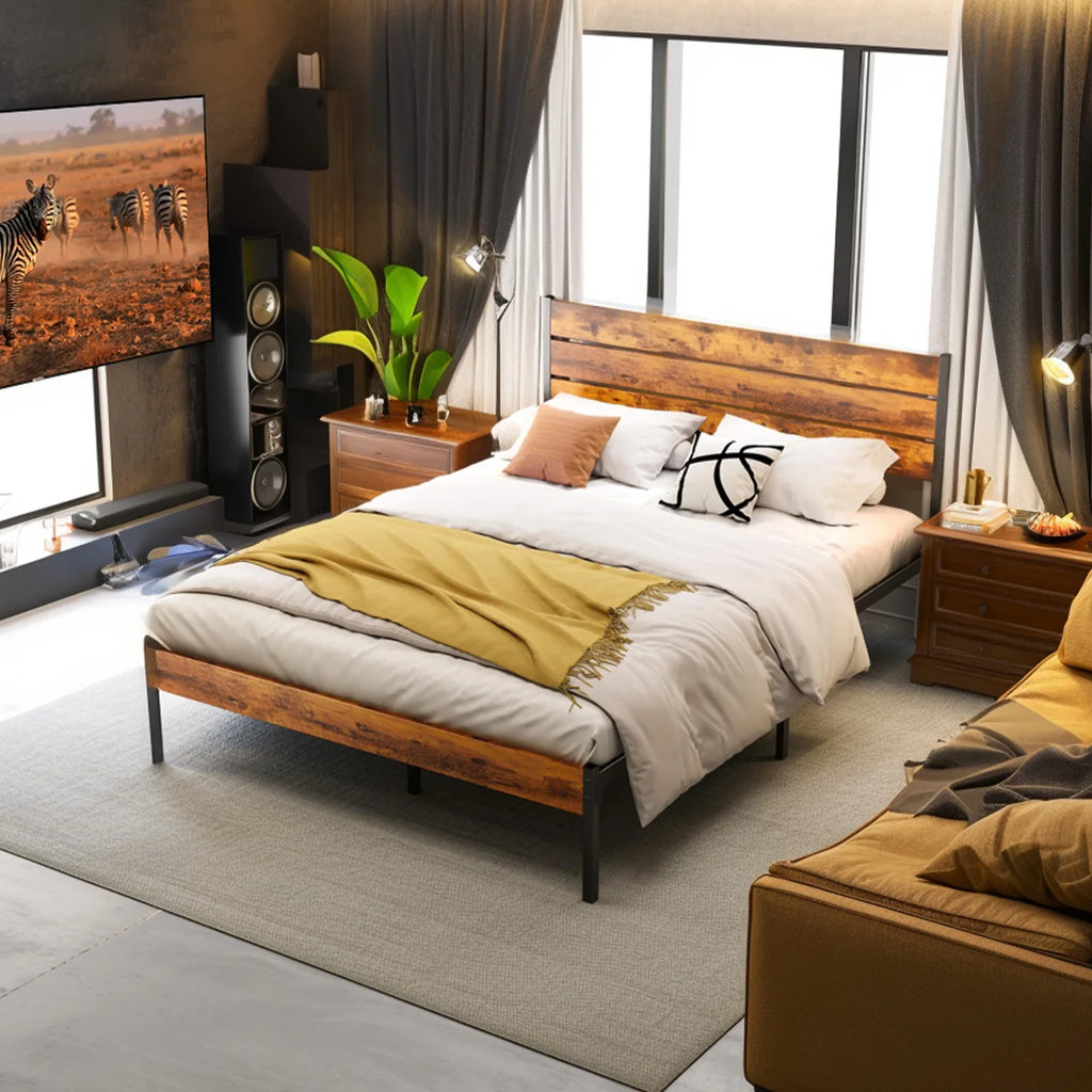 JHK Queen Size Metal Platform Bed Frame with Headboard and Footboard with 800LBS Sturdy Wooden Slats Support For Bed Room Home