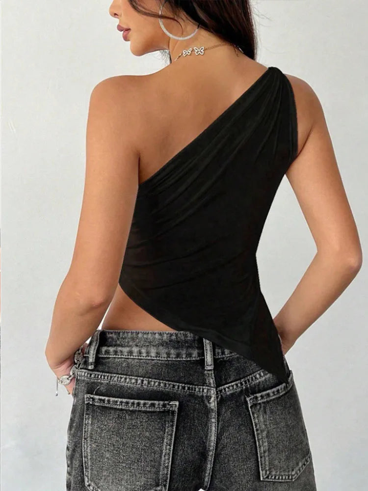 2025 Fashionable Women's Casual T-Shirt Solid Color Single Shoulder Asymmetrical Slim Fit One-Piece Neck Top