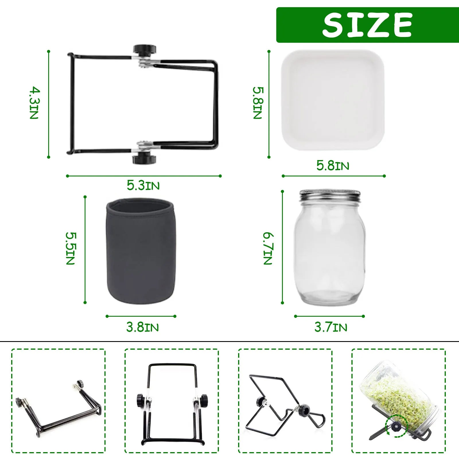 Seed Sprouting Jar Kit Durable Glass Bean Sprouts Growing Kit with Stainless Steel Screen Sprout Lids Stands Shading Cloths Tray