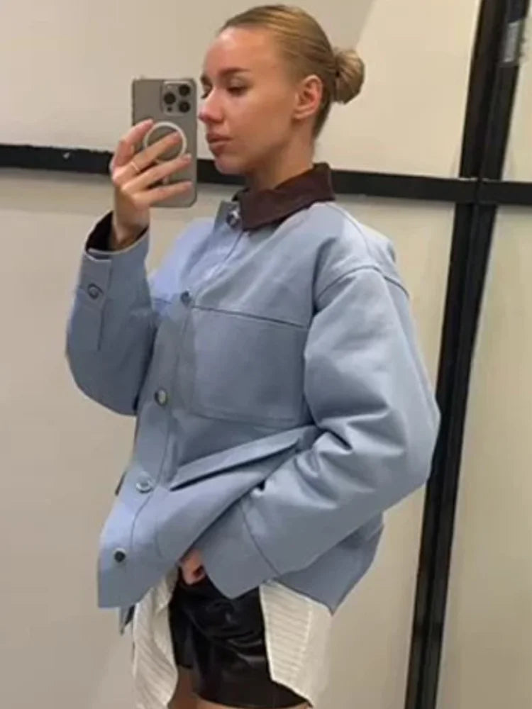 Women Blue Casual Multiple Patch Pocket Jacket Chic Corduroy Collar Single Breasted Short Coat 2026 Lady Daily Spring Wear New