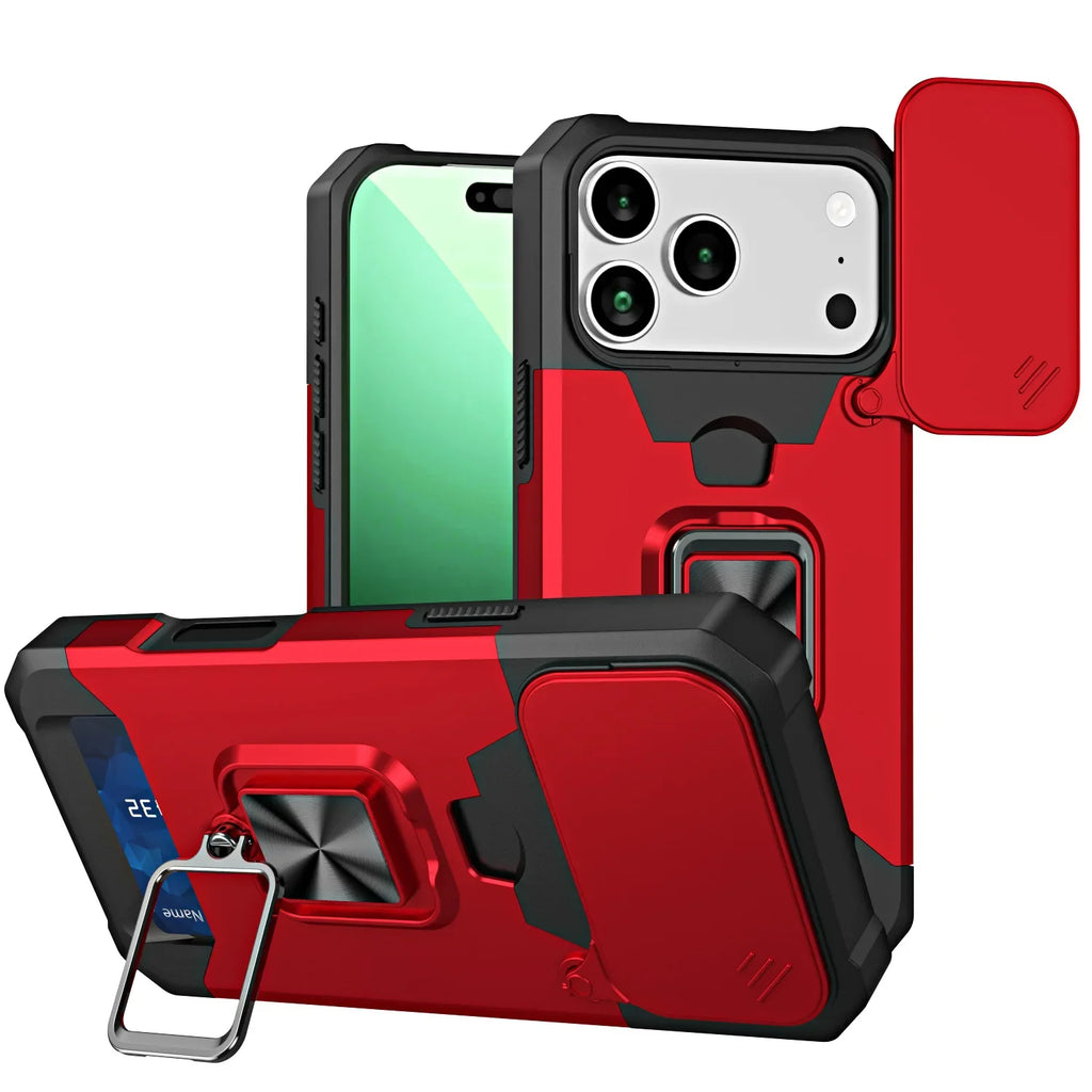 Case For iPhone 17 16 15 14 13 12 11  Pro Max XS Plus Slide Camera Card Holder Slot Duty Wallet Protective With Ring Stand Cover