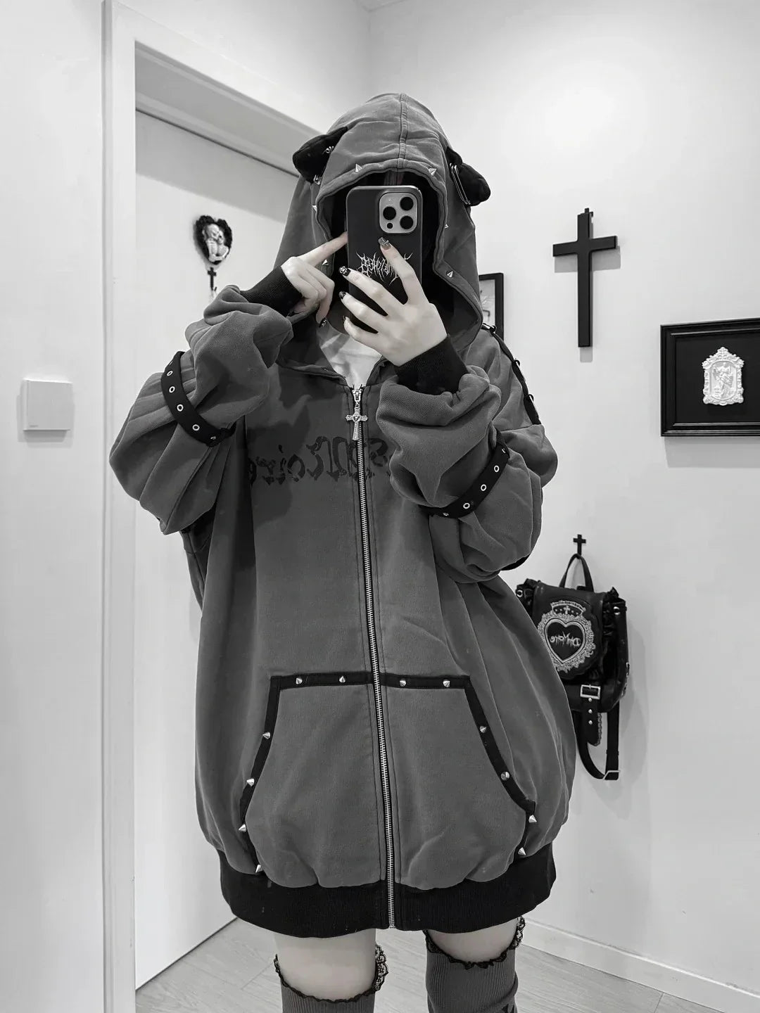 Streetwear Harajuku Hoodies Jackets Women's Clothing Hooded Punk Zipper Coat Japanese Rivet Print Vintage Casual Y2k Sweatshirts