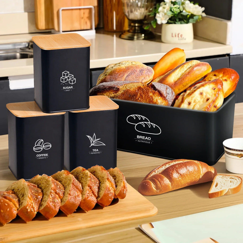 Metal Bread Box With Lidded Jar Set for Kitchen Storage