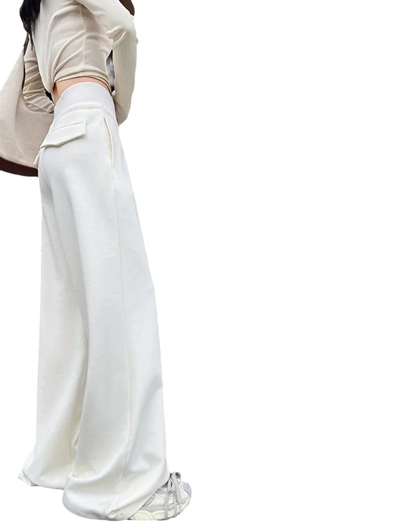 Women's gray sports high waist hanging loose slimming straight leg wide leg pants American sweatpants.