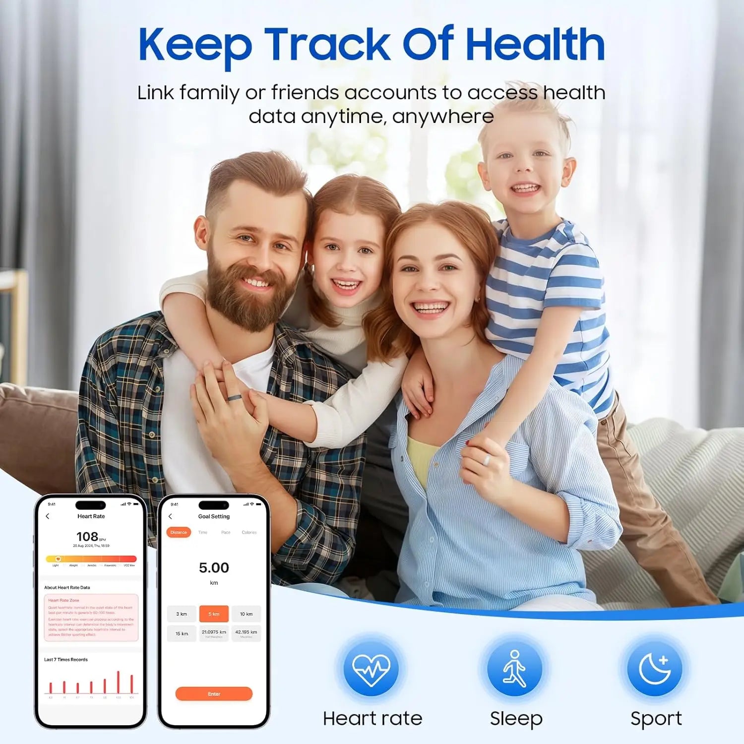 Smart Ring Health Tracker iOS Android IP68 Waterproof No Subscription