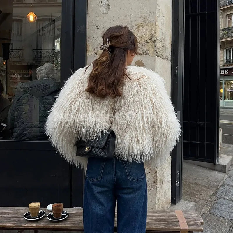 Neo Mint Chic Street Girls Round Neck Faux Mongolia Sheep Fur Coat Women 2025 Winter Fluffy Warm Fur Jacket Cropped Outerwear