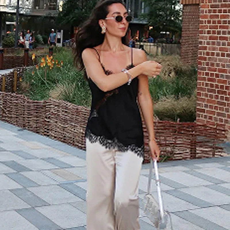 HXAO Lace Asymmetrical Top Women Tanks & Camis Summer 2025 Black Slip Sleeveless Top  Ladies y2k Backless Off Shoulder Camisole