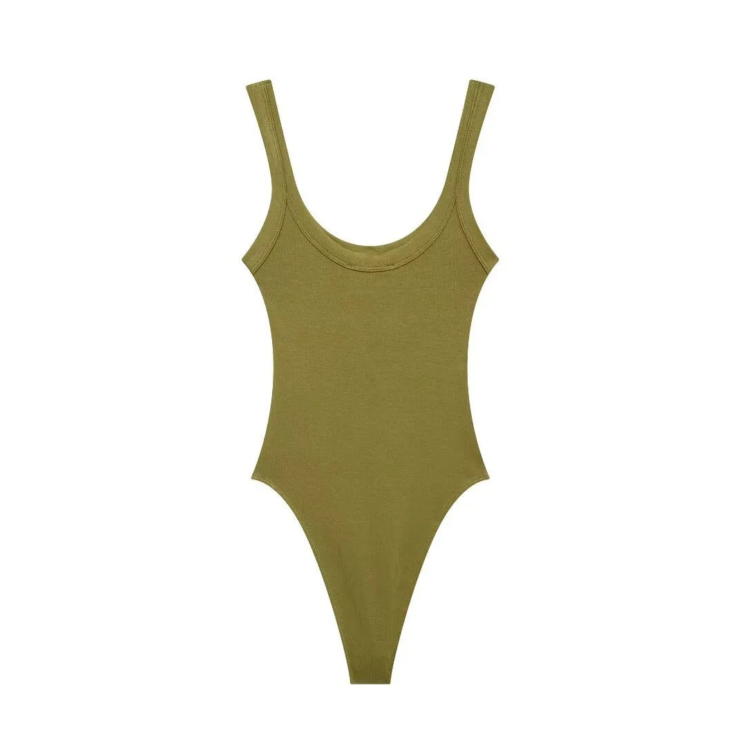 Women's Skinny Ribbed O-Neck Bodysuits with Straps Snap-Button Sexy Fashion Playsuits Comfortable Stretchy Female Clothing