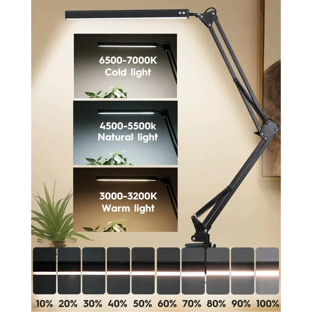 10W LED Desk Lamp with Clamp Swing Arm Eye-Caring Dimmable Desk Light 10 Brightness Levels 3 Modes USB Charging