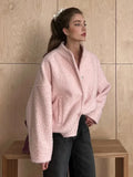 Talenza Women's Pink Short Fur Jacket Autumn Loose Fashion Long Sleeve Jacket Top Casual Stand Collar Pocket Button Warm Jacket