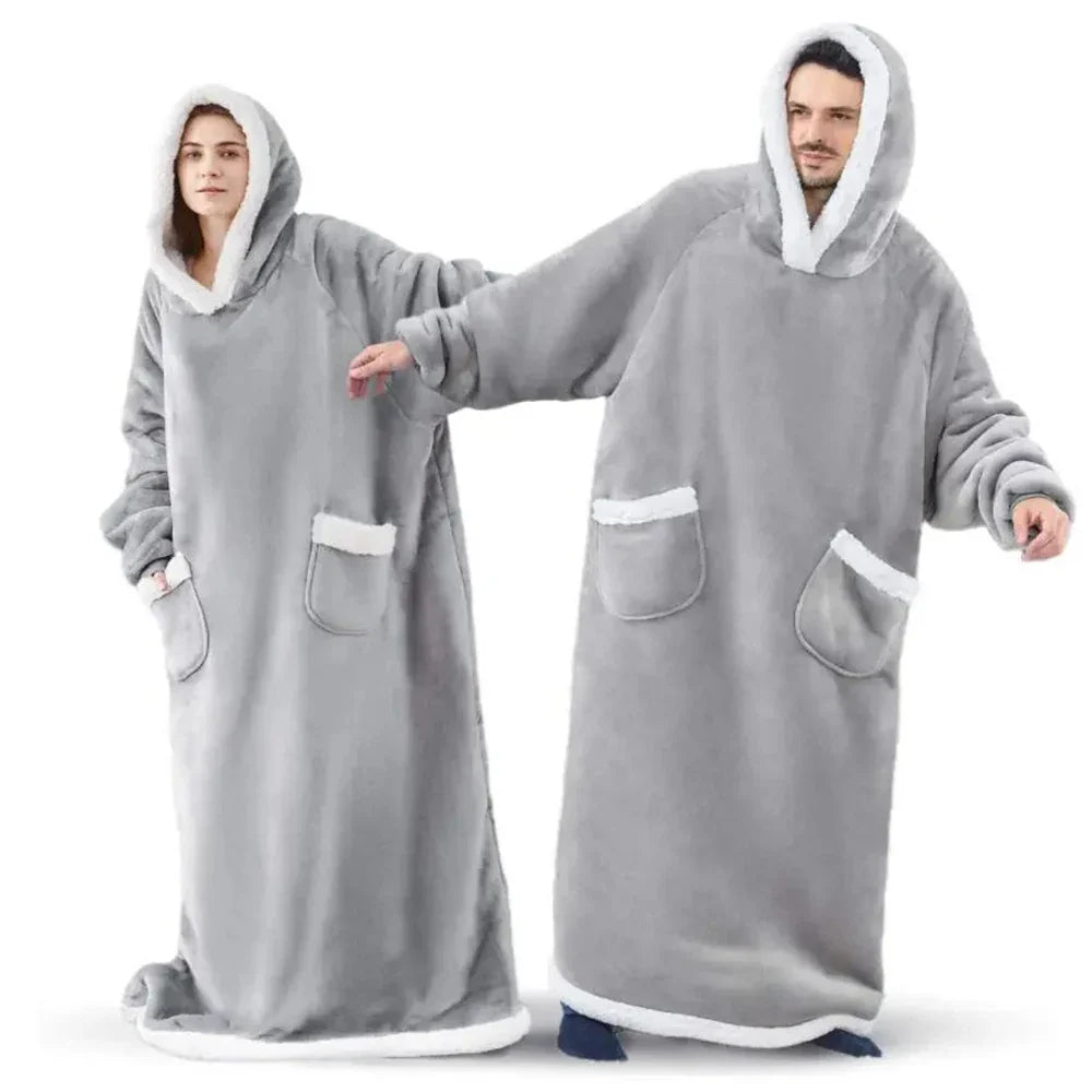 180cm Super Long Flannel Blanket Pyjamas with Sleeves Winter Hoodies Sweatshirt Women Men Pullover Fleece Giant Oversized Outdoo