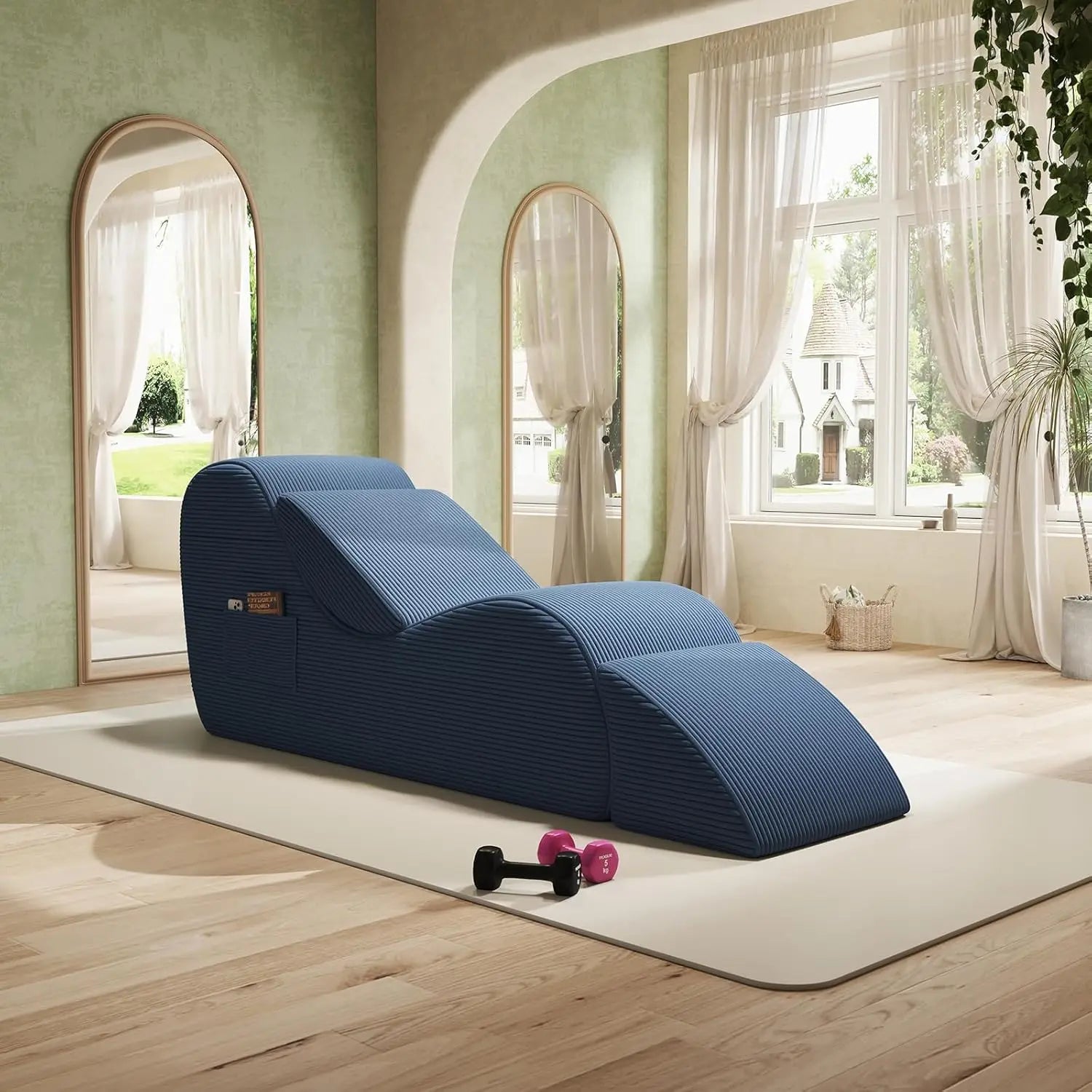 Corduroy Yoga Sofa - All Sponge Filled Stretching Lounge Chair with Side Pocket for Home Fitness & Relaxation