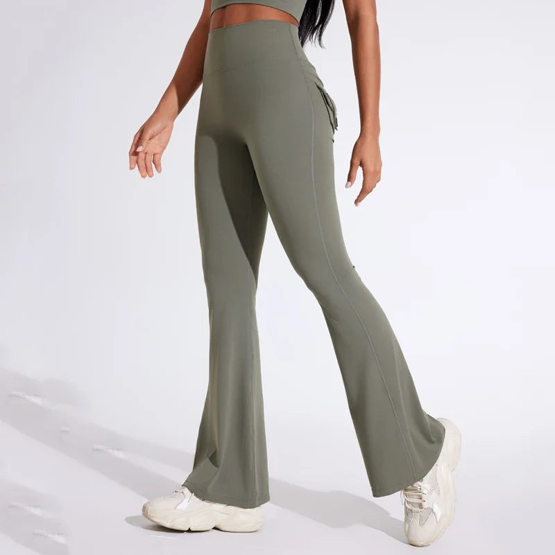 DIAS FIT JOY Women's pocket bell bottoms yoga high waisted hip lifting fitness pants quick drying running exercise fitness gym