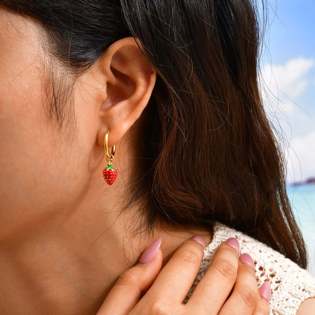 Women's Strawberry Drop Hoop Earrings | Cute Gold Plated Jewelry for Girls