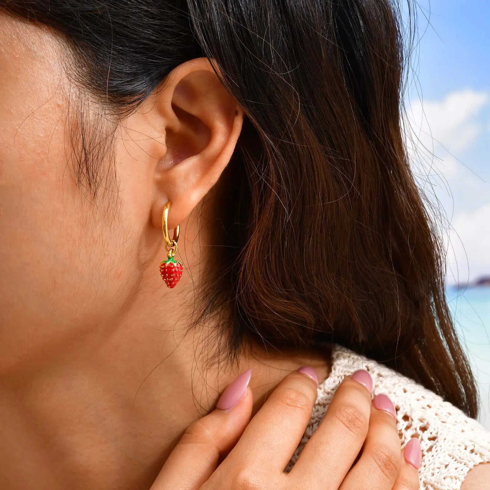 Women's Strawberry Drop Hoop Earrings | Cute Gold Plated Jewelry for Girls