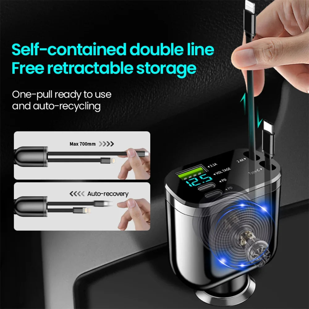 Elough 5 IN 1 Car Charger Retractable USB C to Lightning Cable 2 Type C Port Car USB Charger For IPhone Phone Adapter Compatible
