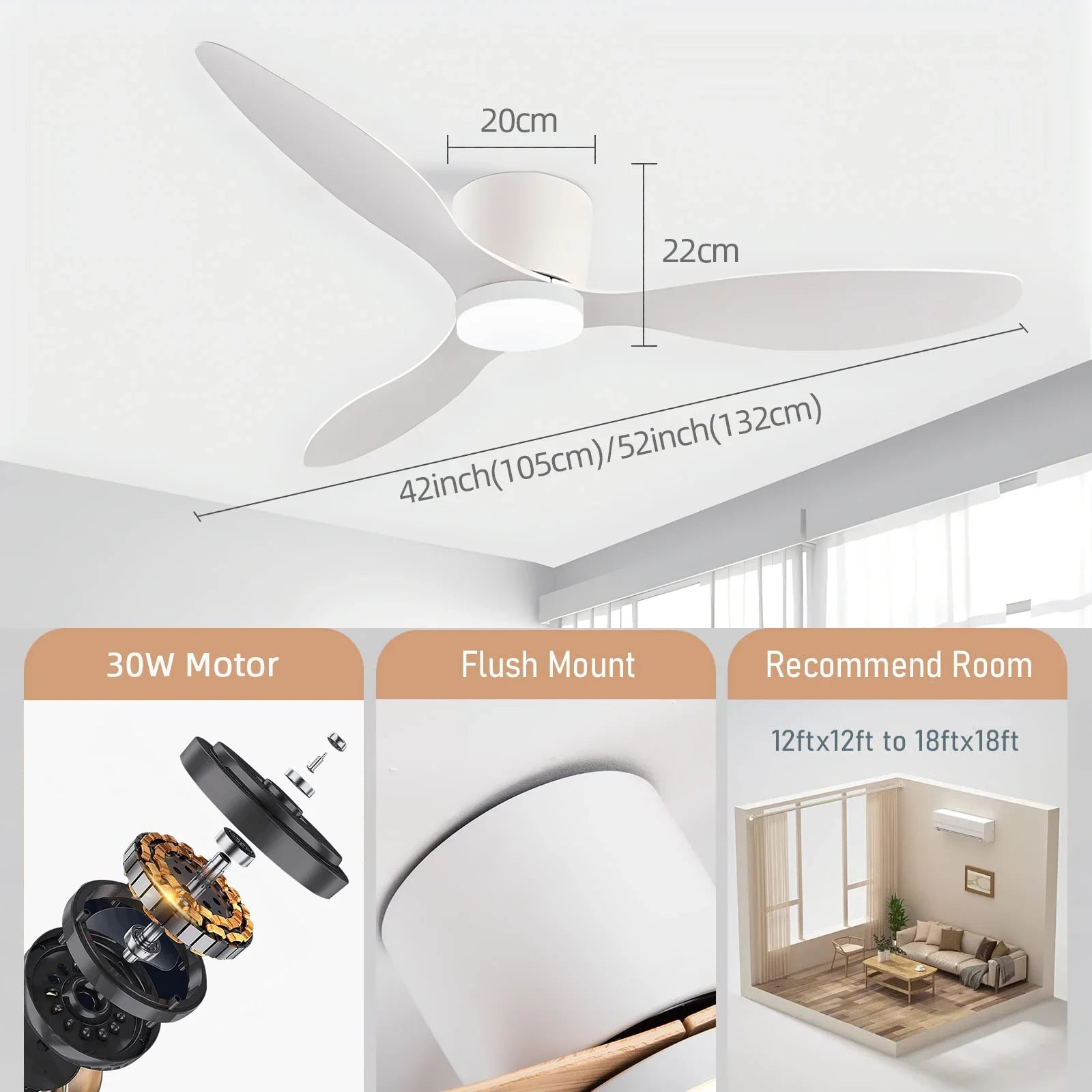 IRALAN Modern Ceiling Fan with LED Light DC motor Large Air Volume Remote Control for Kitchen Bedroom Dining room Patio