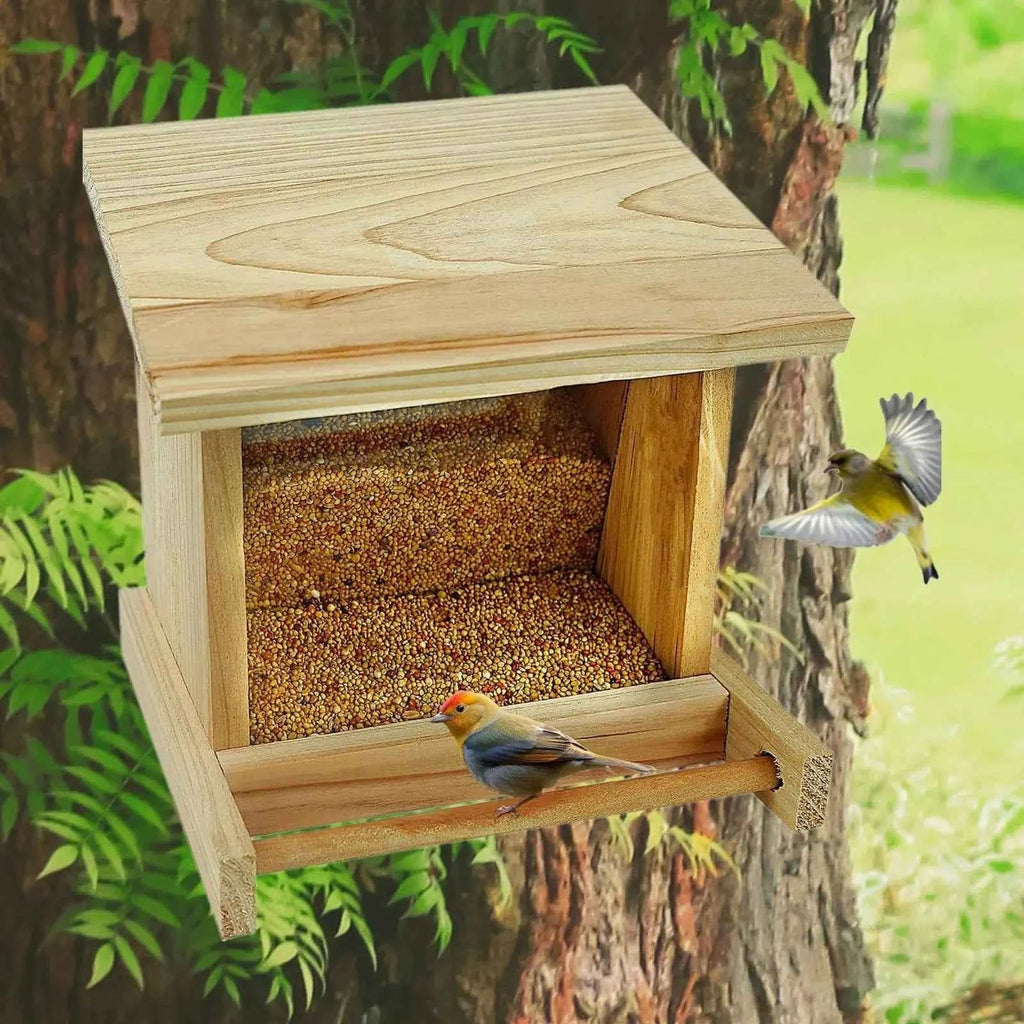 Wood Bird House Feeder with Perch, Outdoors Hanging Bird Feeding Station for Medium Small Birds Parrots