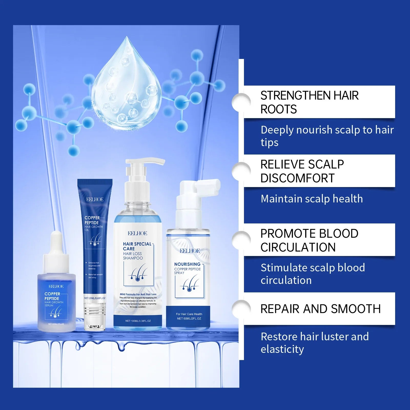 EELHOE Hyaluronic Acid Complete Hair Care Kit Anti Breakage Smoothing Soft Hair Deep Conditioning Castor Oil Hair Growth Serum