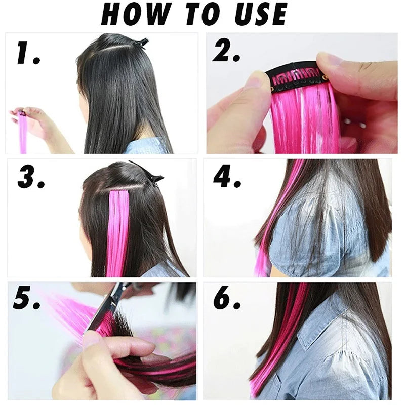 10pcs 22Inch Synthetic Long Straight Hair Extensions Clip in Colored Party Highlights Hairpieces for Women Kids Girls